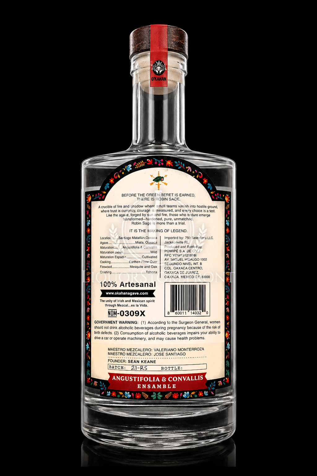 O'Kahan Agave "ROBIN SAGE" Angustifolia-Convallis Ensamble Mezcal Artesanal 45% ABV (750mL)